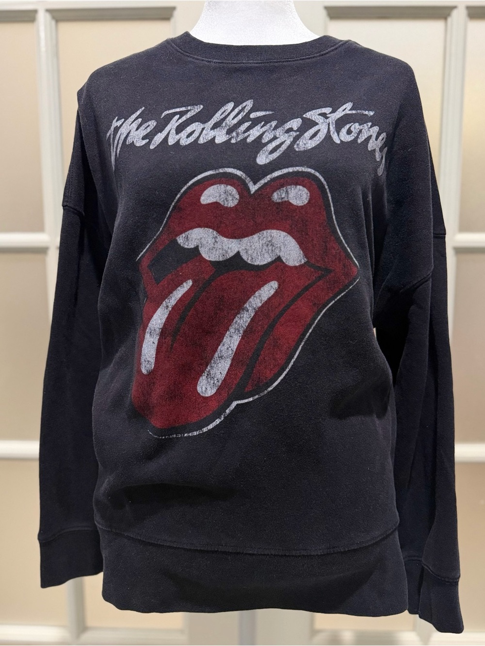 The Rolling Stones Black Crewneck Sweatshirt with Red Tongue Graphic